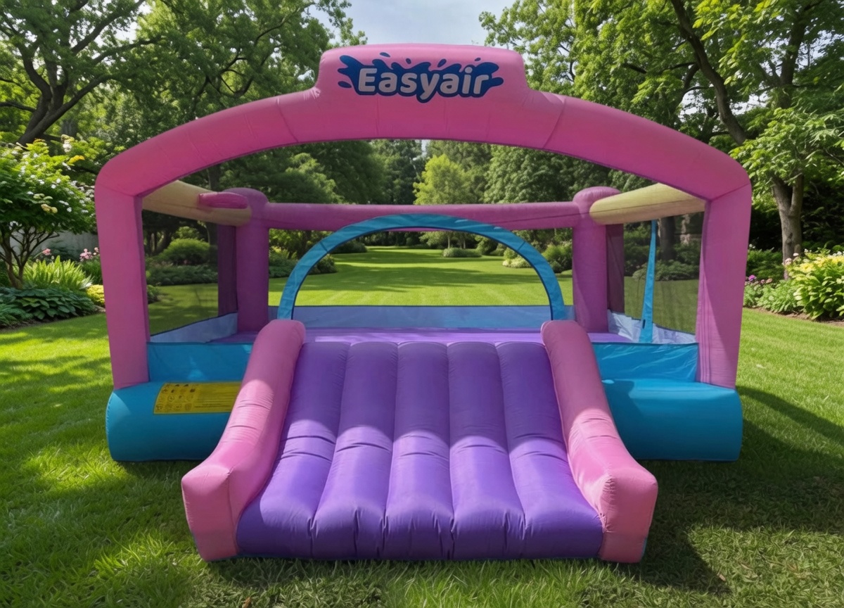 Pink inflatable bouncer on grass